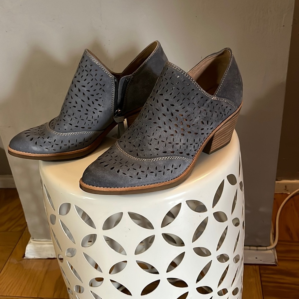 Suede, denim colored booties.